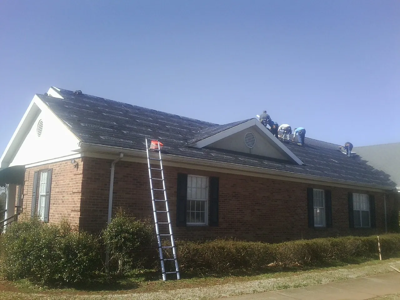 Crew tearing shingles off a brick ranch roof with a ladder set — Metal Roof Repair work by our crew in Leigh