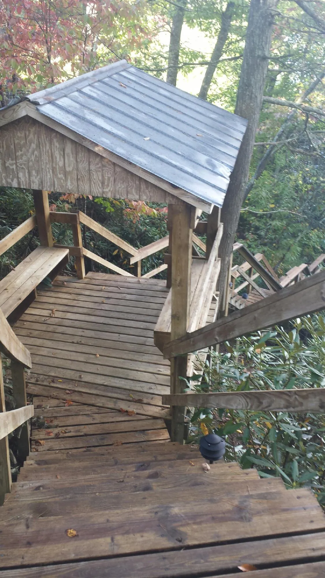 Metal roofed shelter over wooden steps on a wooded walkway — Skylight Repair & Installation work by our crew in Leigh